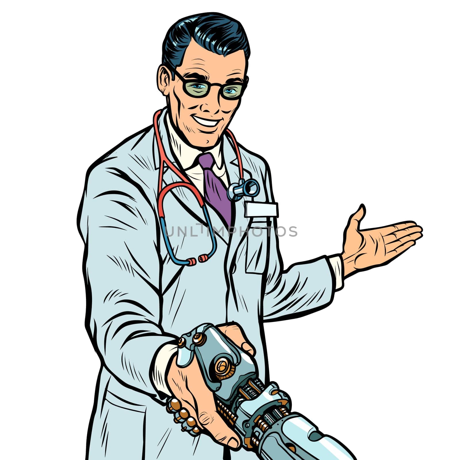 doctor handshake to robot, medicine and health care. Prosthesis bioprosthesis. Pop art retro vector illustration