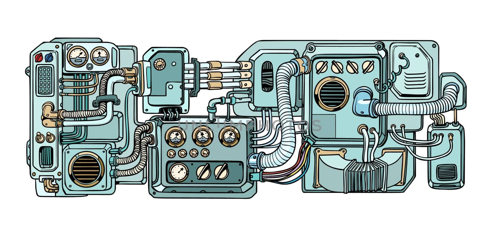 Retro science. Cyberpunk robots mechanisms and machines. Details of the spacecraft. Pop art retro vector illustration