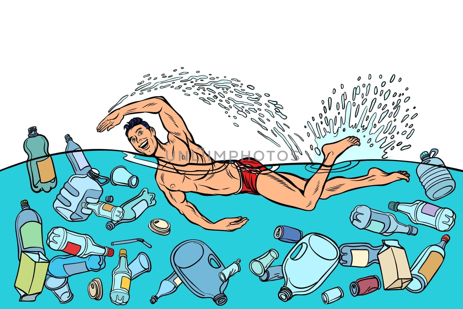 Ocean pollution by plastic trash. Ecology concept. man swimmer swims. Pop art retro vector illustration vintage kitsch