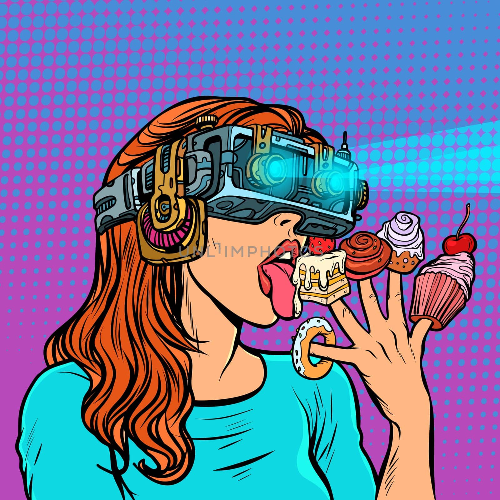 woman in virtual reality glasses eating sweets. cake cupcake donut marshmallow. Pop art retro vector illustration vintage kitsch