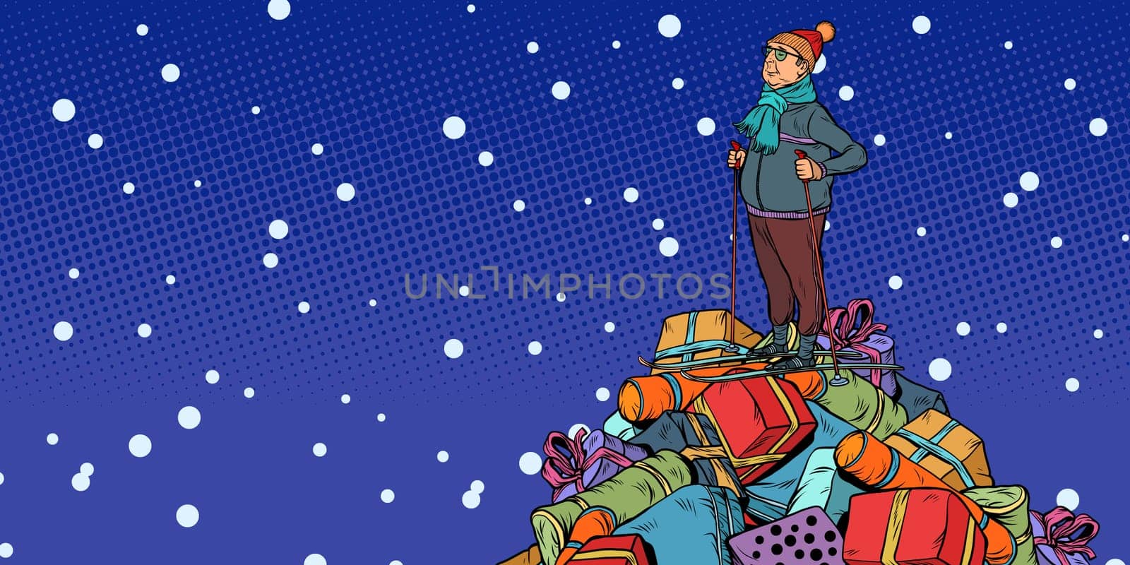 Christmas sale Shopping gifts. skier middle-aged man, On a mountaintop. Pop art retro vector illustration vintage kitsch