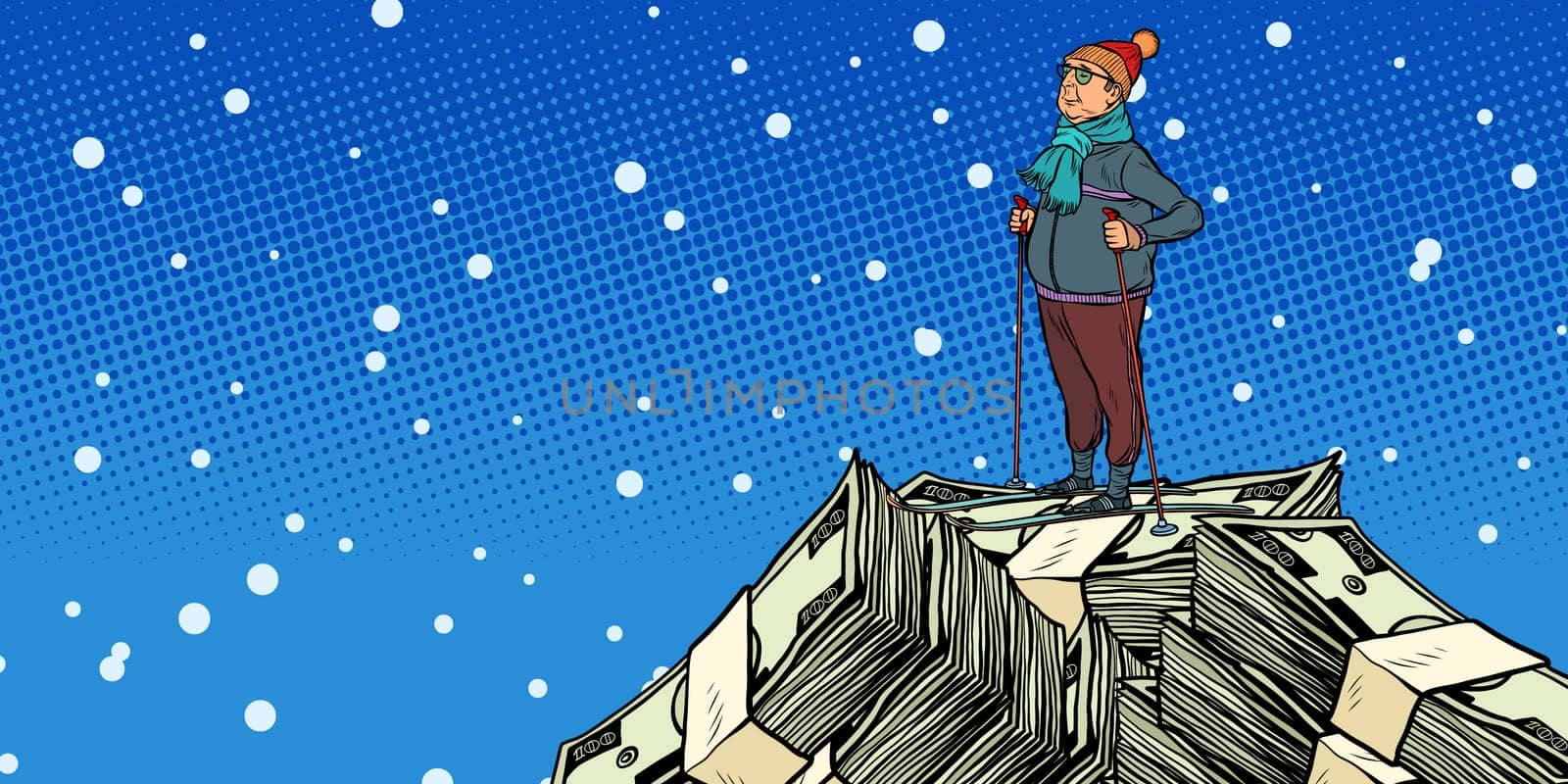 skier middle-aged man, Money dollars mountaintop. Pop art retro vector illustration vintage kitsch