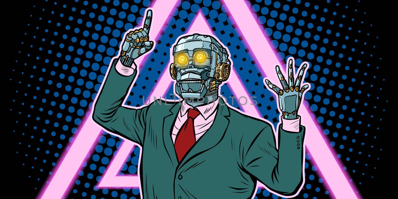 Cyberpunk 80s style. emotional speaker robot, dictatorship of gadgets. Pop art retro vector illustration