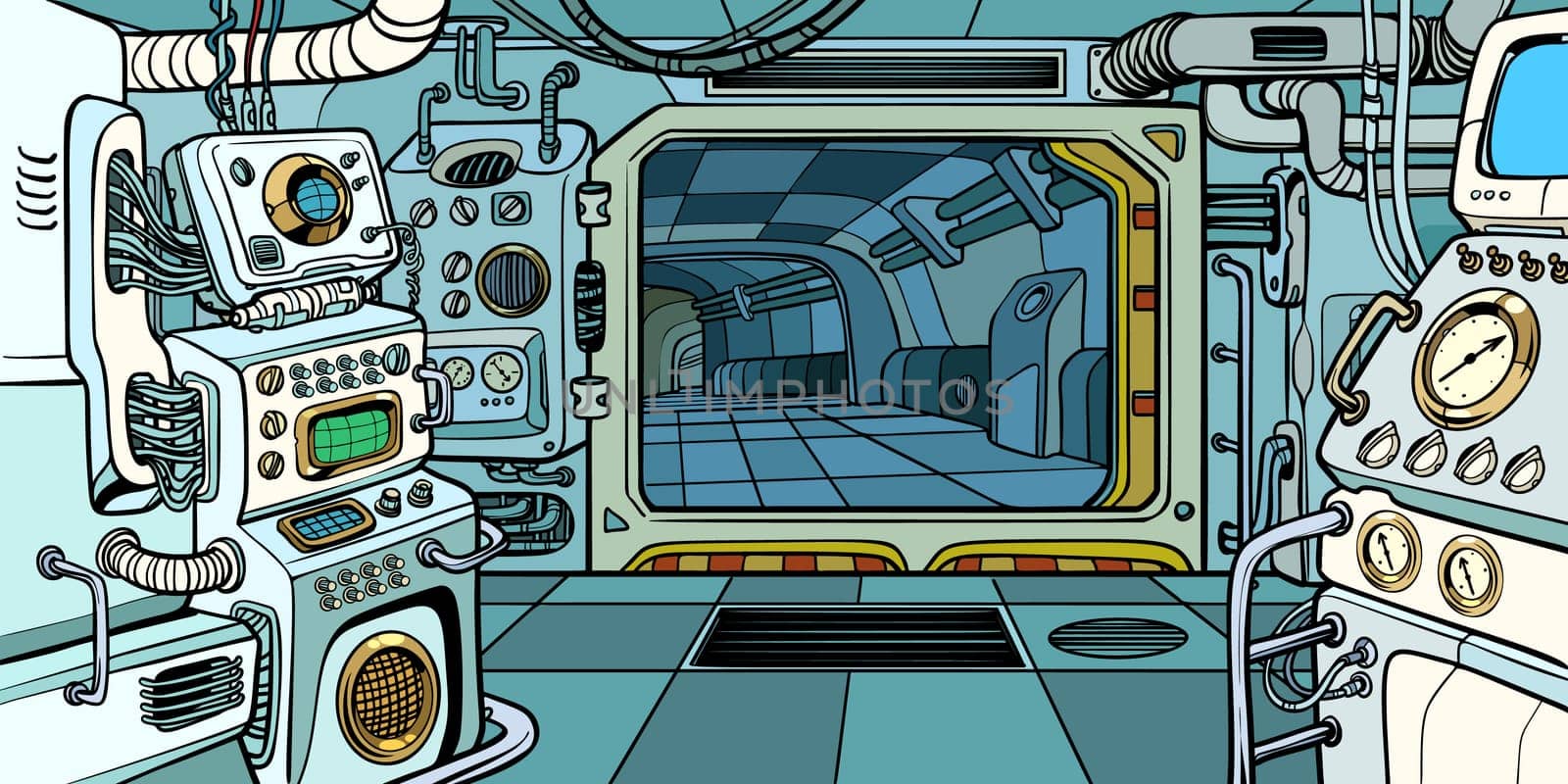 Cabin of the spacecraft. Pop art retro vector illustration kitsch vintage