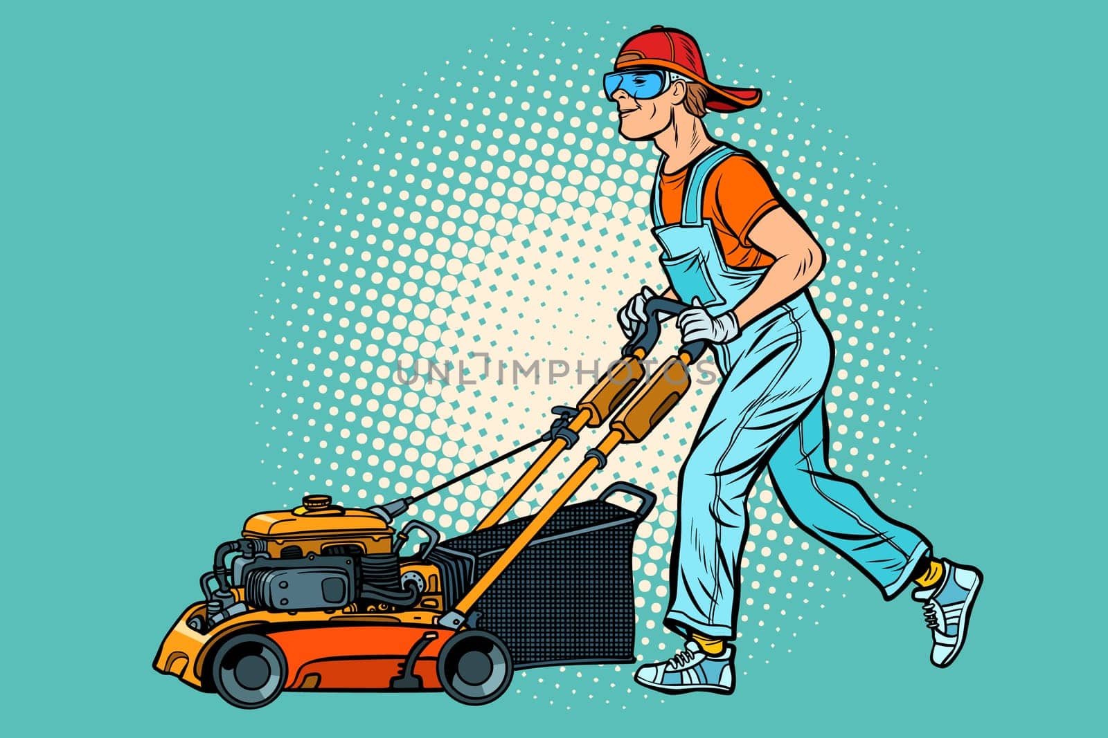 lawn mower worker. Profession and service. Pop art retro vector illustration vintage kitsch