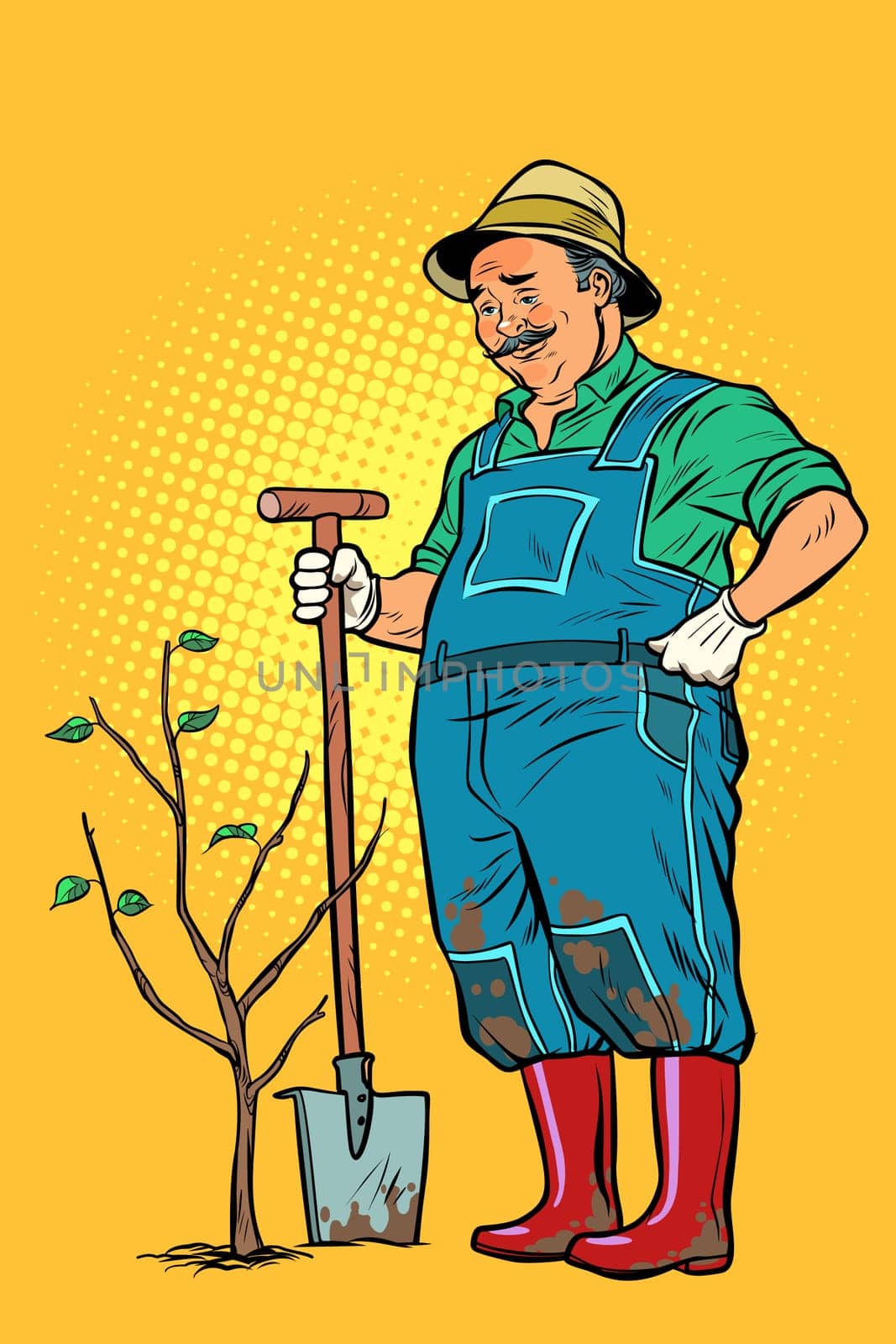 old gardener plants a seedling. ecology and gardening. trees and garden tools. Pop art retro vector illustration vintage kitsch