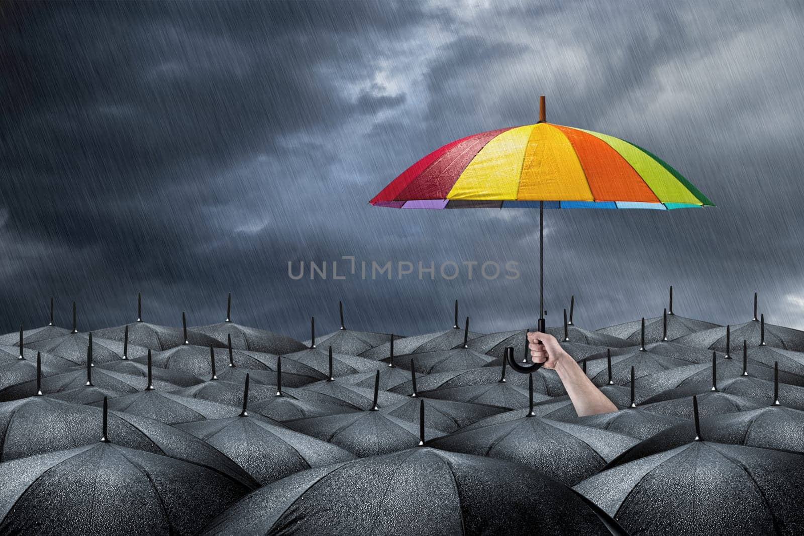 rainbow umbrella in mass of black umbrellas