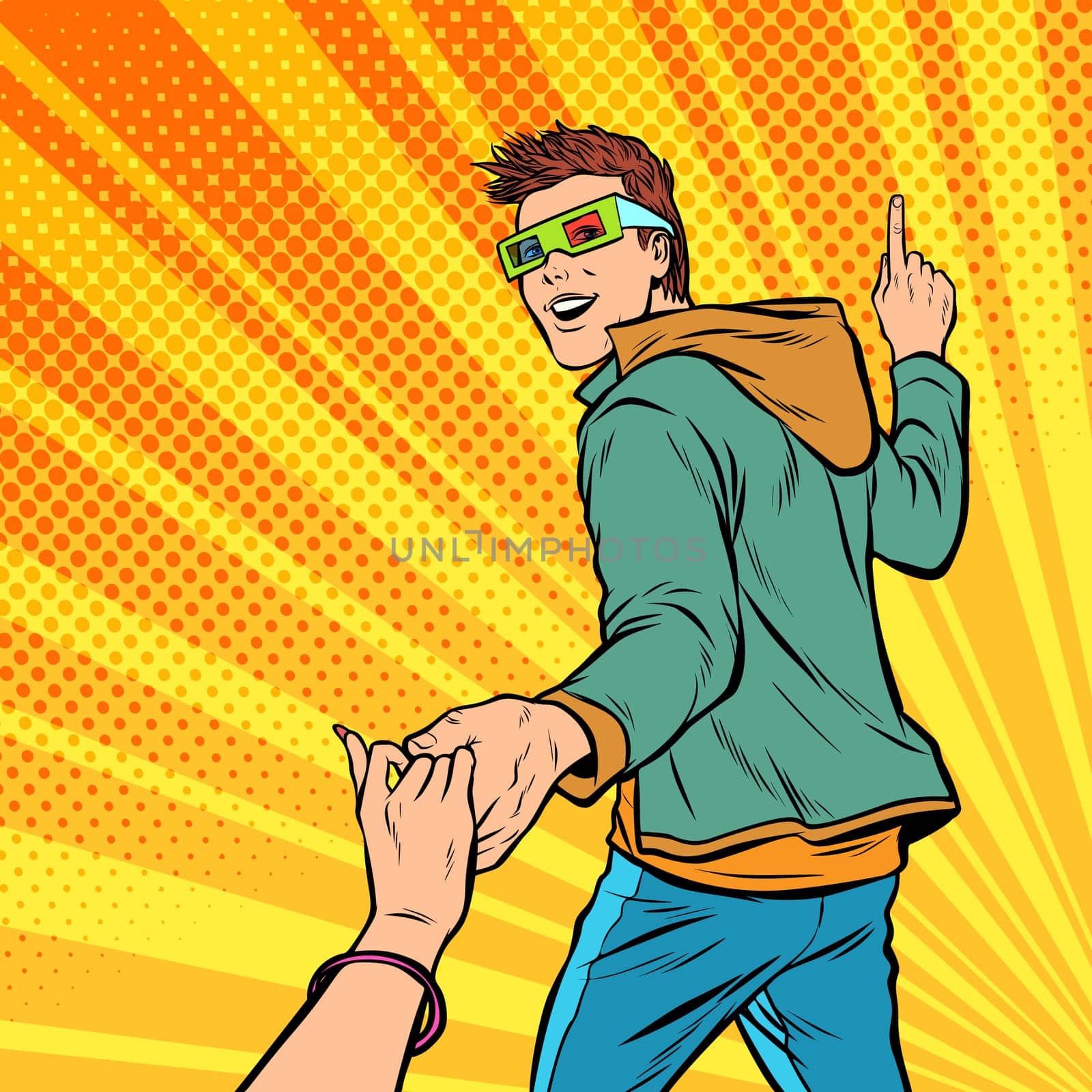 follow me. a couple of a young man and a girl go to the cinema to watch a blockbuster, stereo glasses. Pop art retro vector illustration kitsch vintage