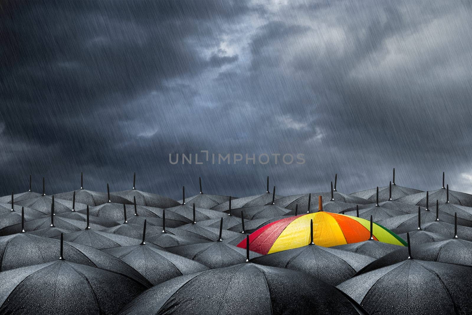rainbow umbrella in mass of black umbrellas