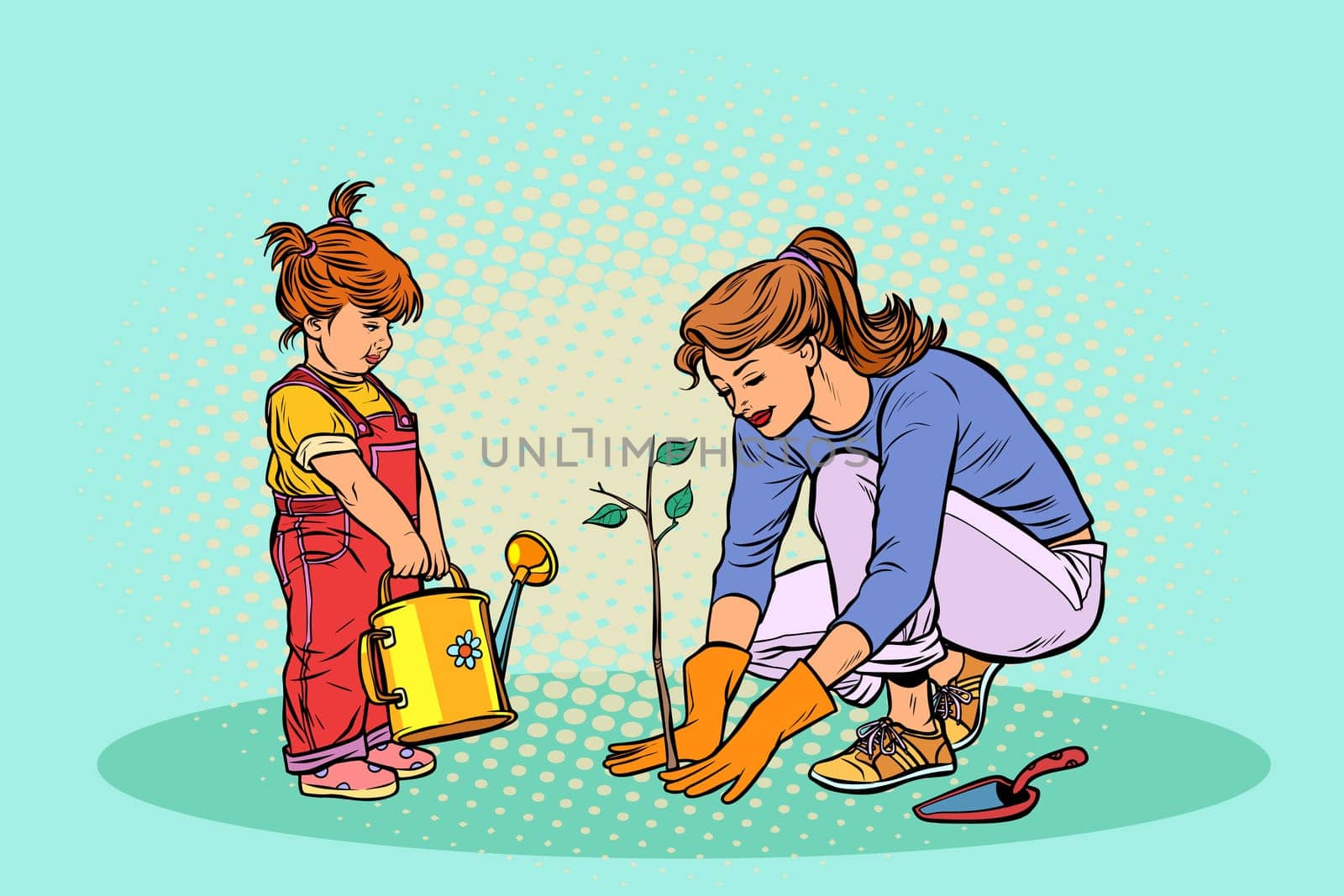 mother and daughter working in the garden, planting a seedling. Pop art retro vector illustration vintage kitsch