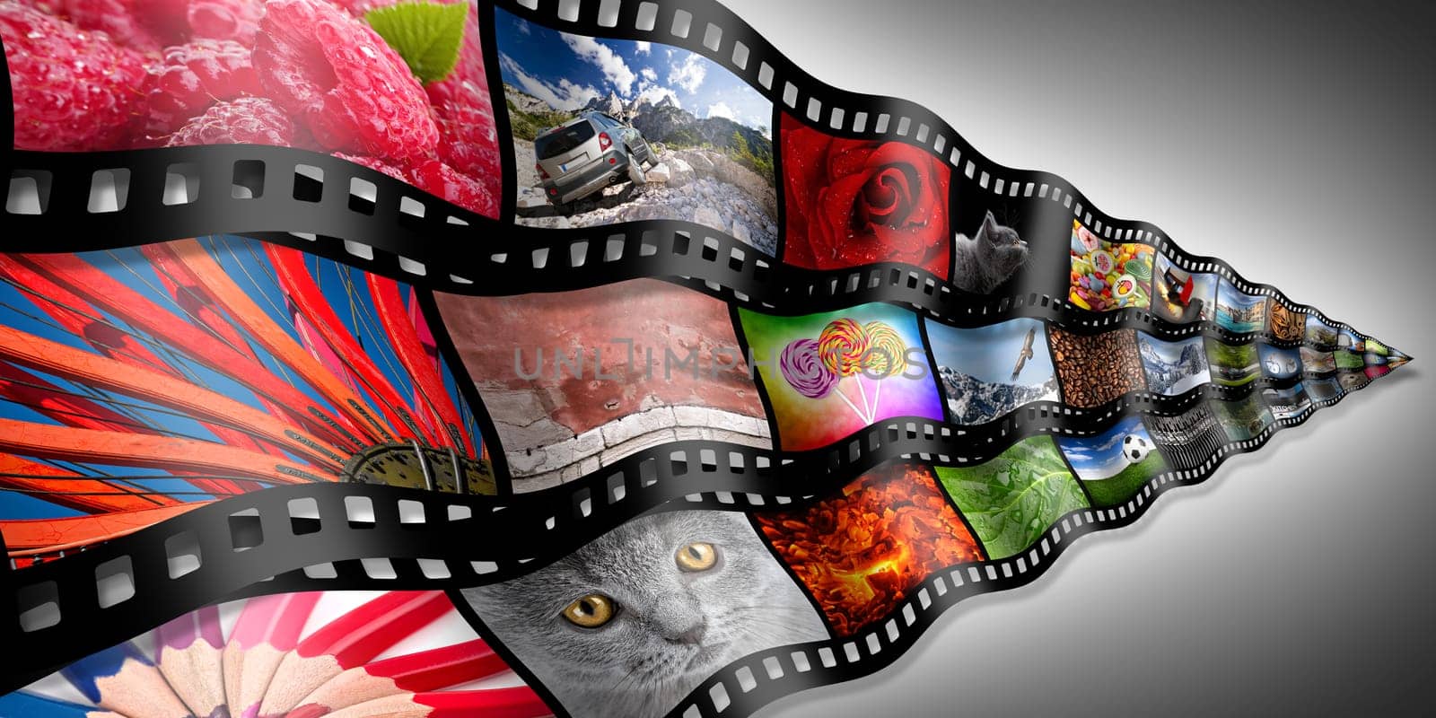 photo filmstrips in front of grey background
