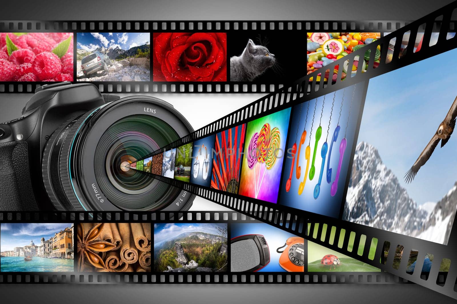 dslr camera with film strips