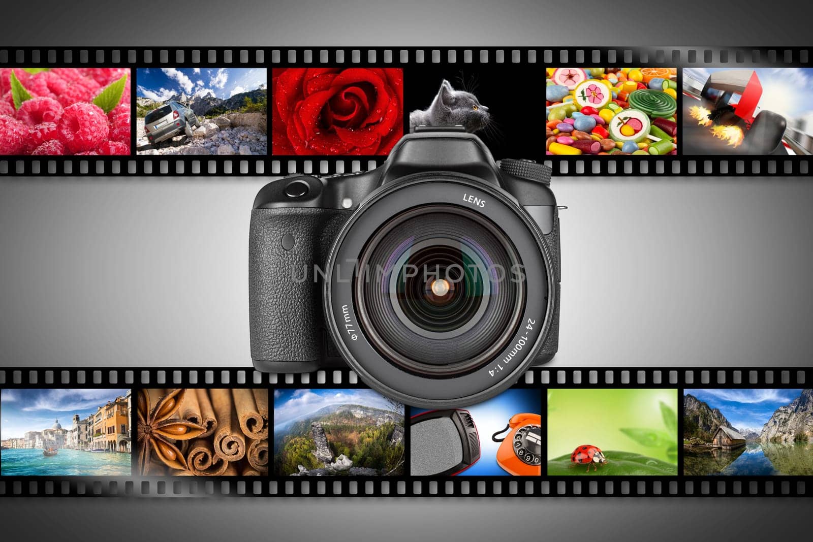 dslr camera with film strips