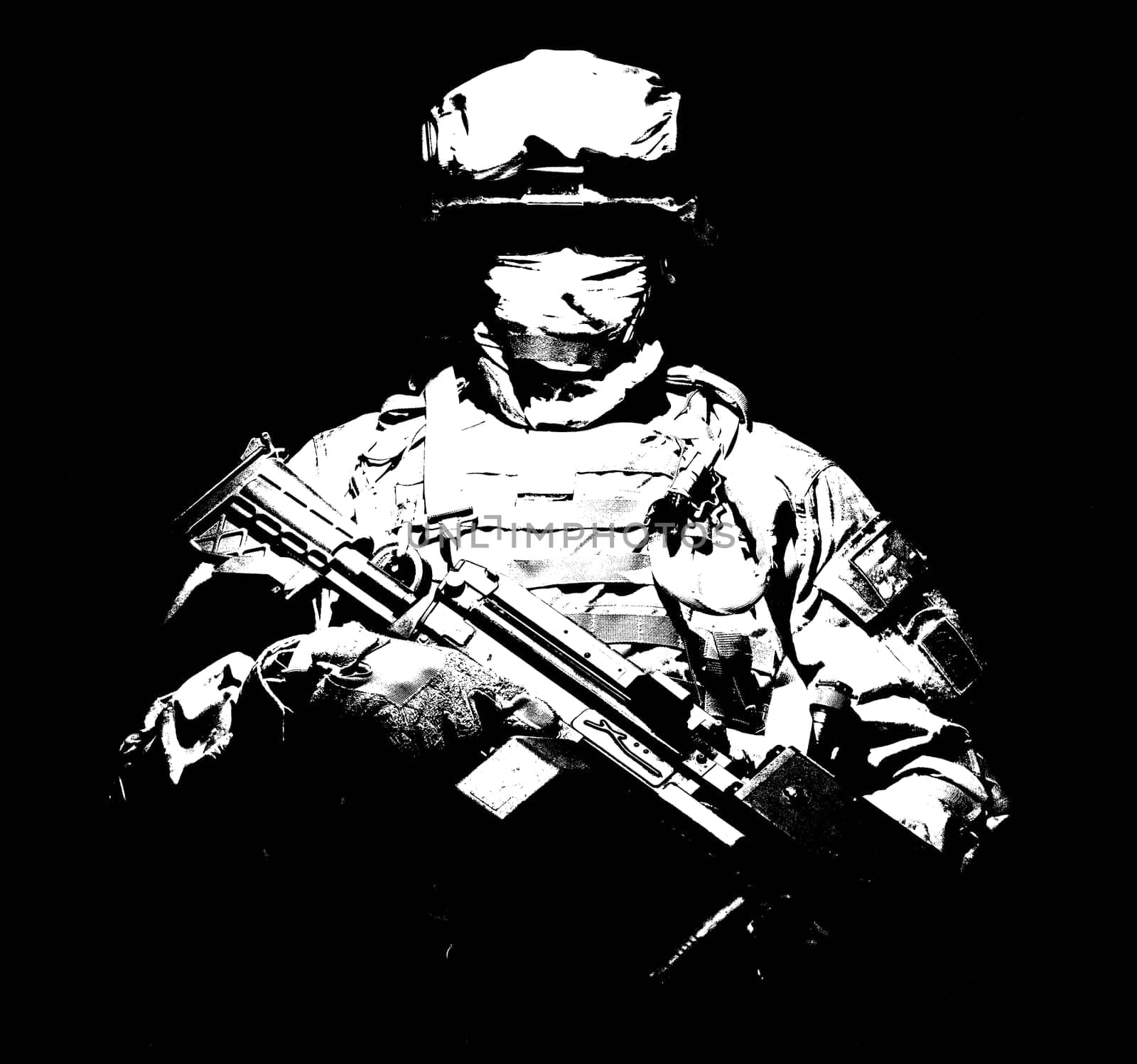 United States Armed Forces soldier in battledress with black glasses and mask on face, armed squad automatic weapon emerges from darkness. Military threat, secret stealth mission, hybrid war combatant