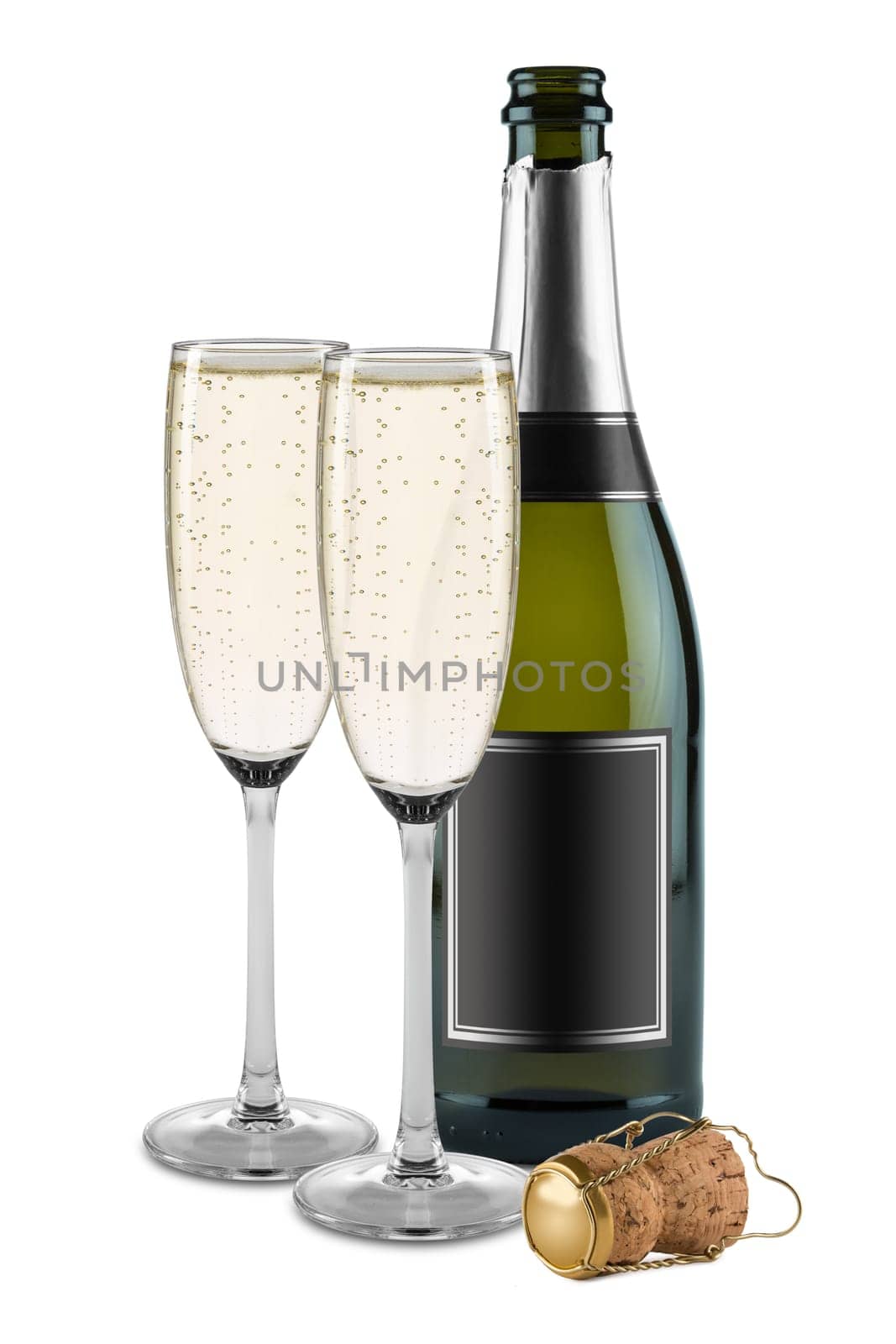 bottle of champagne glasses and cork