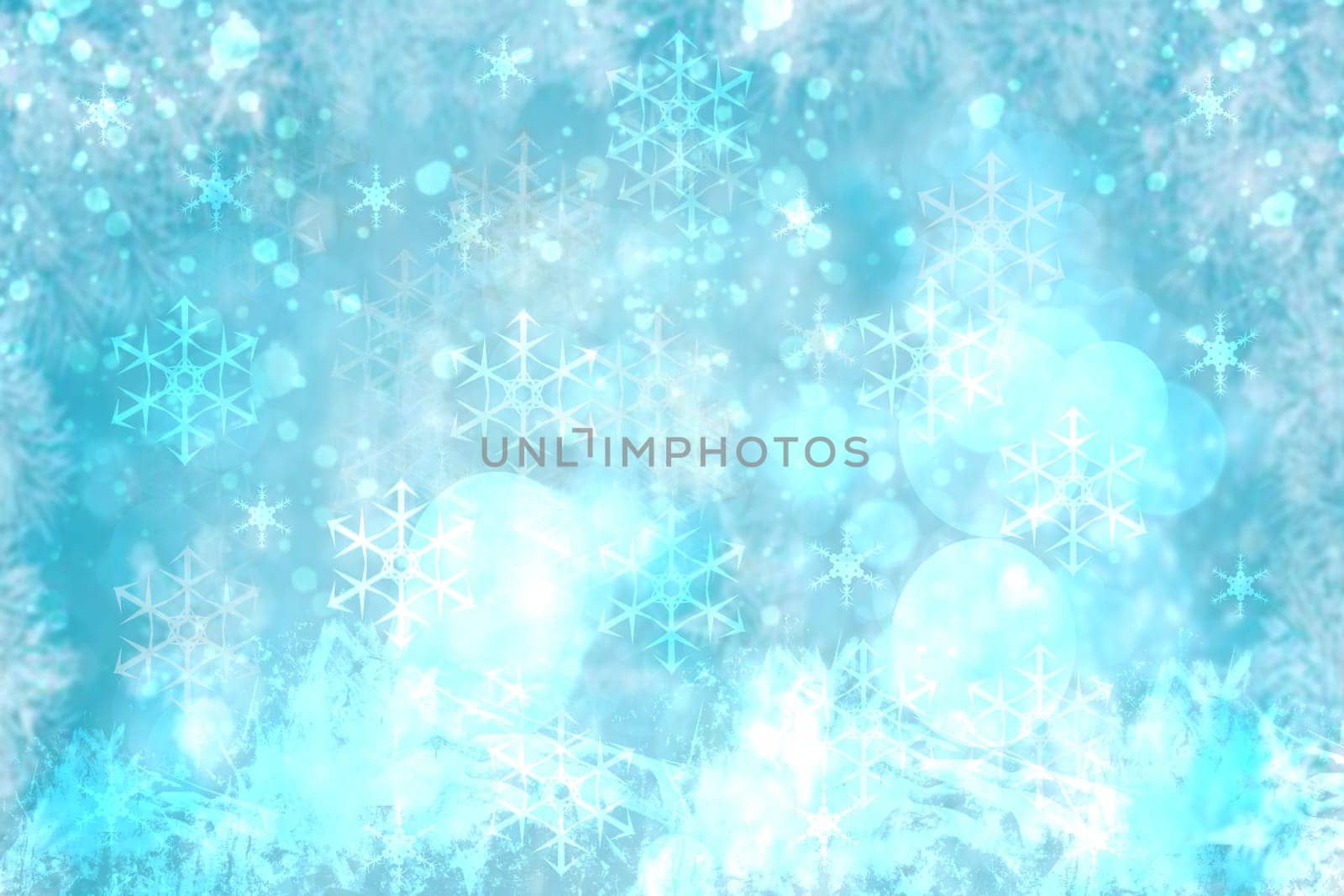 Abstract blurred festive light blue winter christmas or Happy New Year background with shiny blue and white bokeh lighted snowflakes and stars. Space for your design. Card concept.