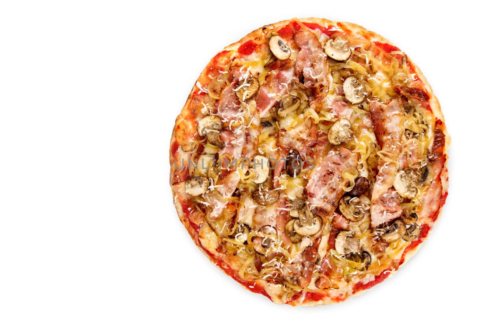 Pizza pancetta top view, garnished with mushrooms, mozzarella and its ingredients on white background, view from above