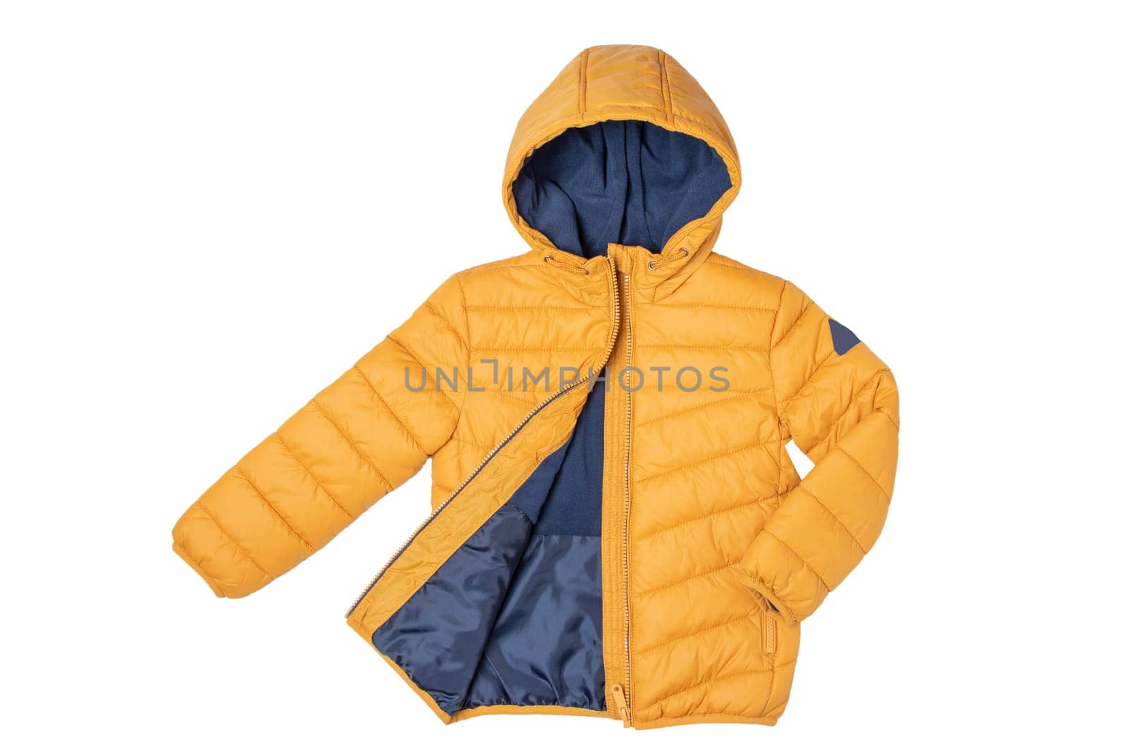 Childrens winter jacket. Stylish childrens yellow warm down jacket isolated on white background. Winter fashion.