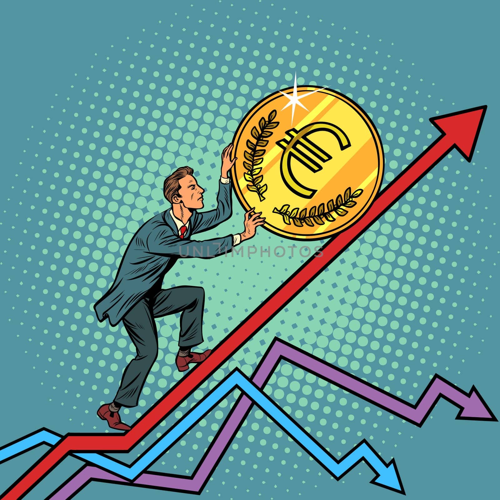businessman roll a euro coin up. Pop art retro vector illustration vintage kitsch