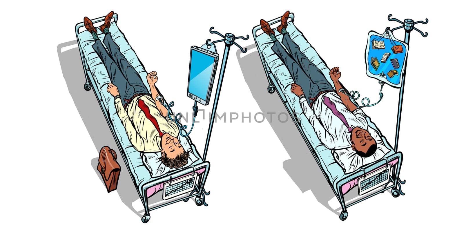 Set. Two men African and Caucasian. Knowledge and technology. Medical dropper. Pop art retro vector illustration vintage kitsch