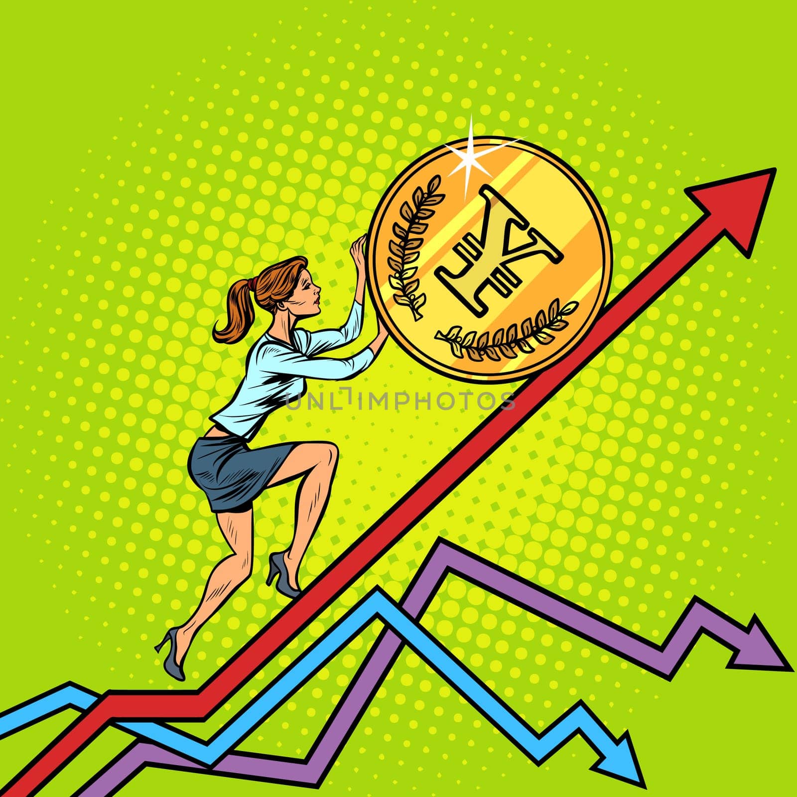woman businesswoman roll a yen coin up. Pop art retro vector illustration vintage kitsch