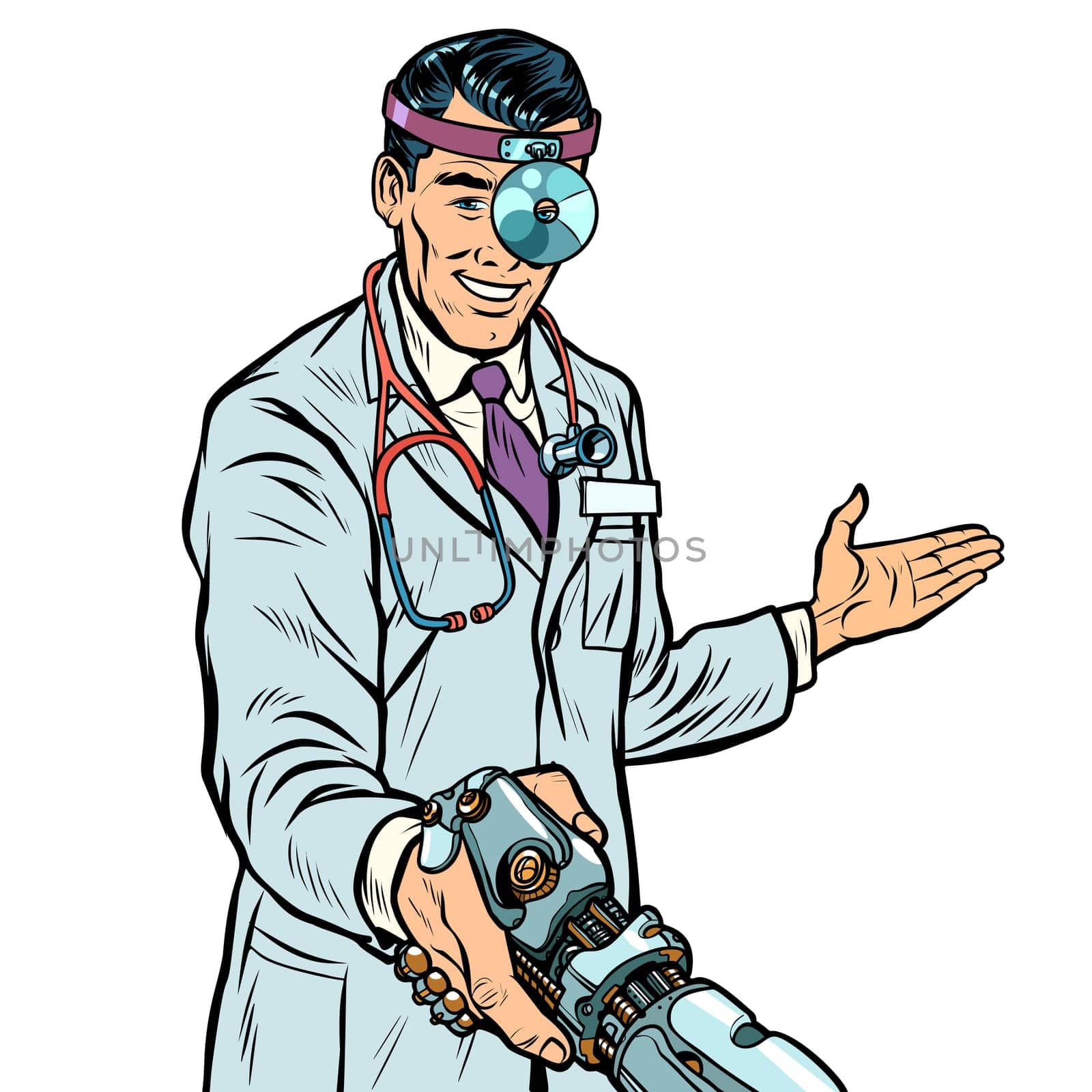 doctor surgeon handshake. robot prosthesis. Pop art retro vector illustration kitsch vintage
