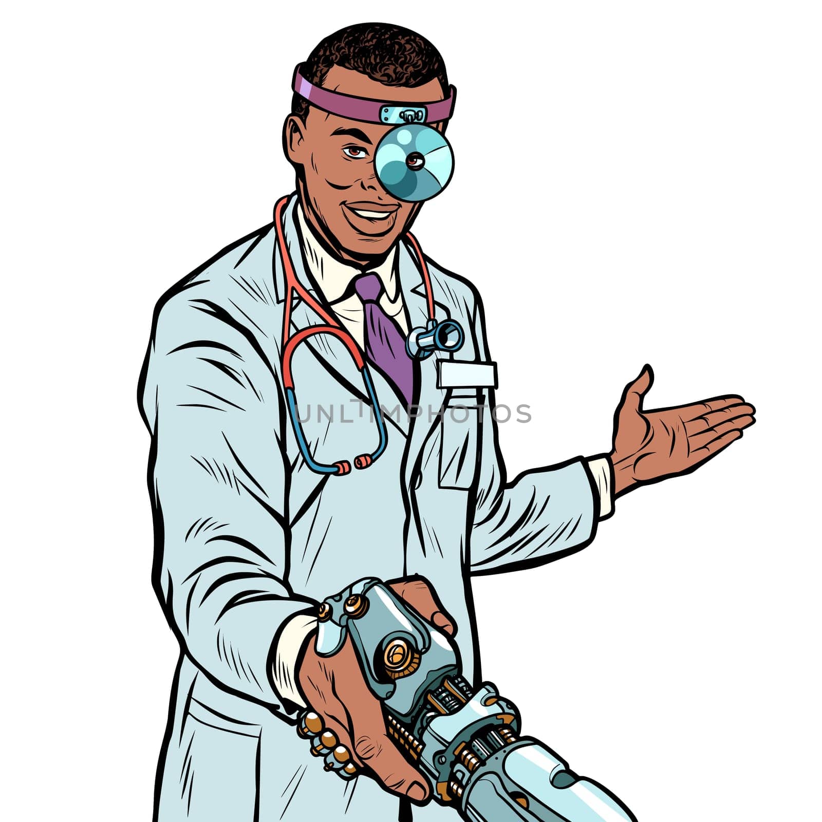 african doctor surgeon handshake. robot prosthesis. Pop art retro vector illustration kitsch vintage