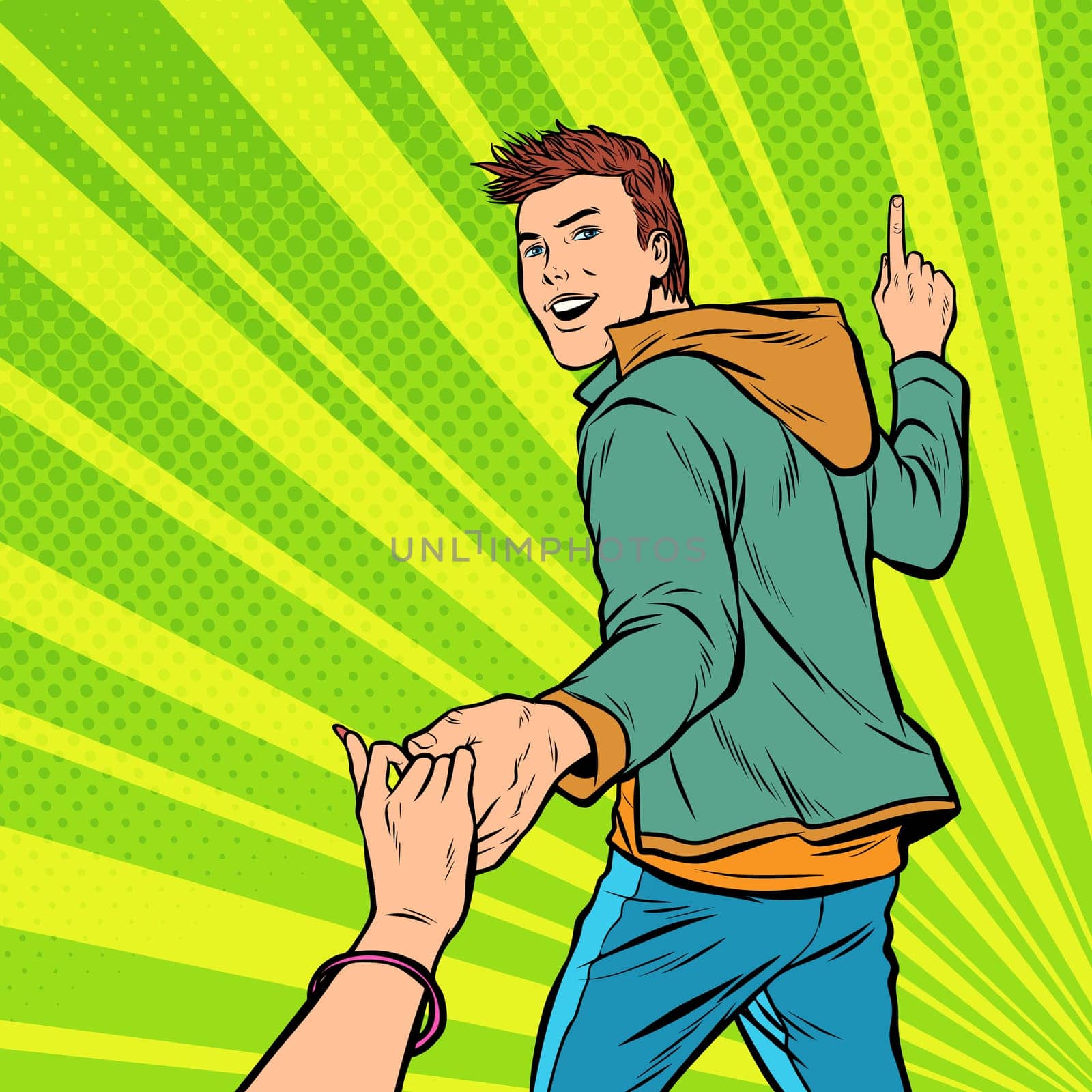 follow me. young man leads a girl. Pop art retro vector illustration kitsch vintage