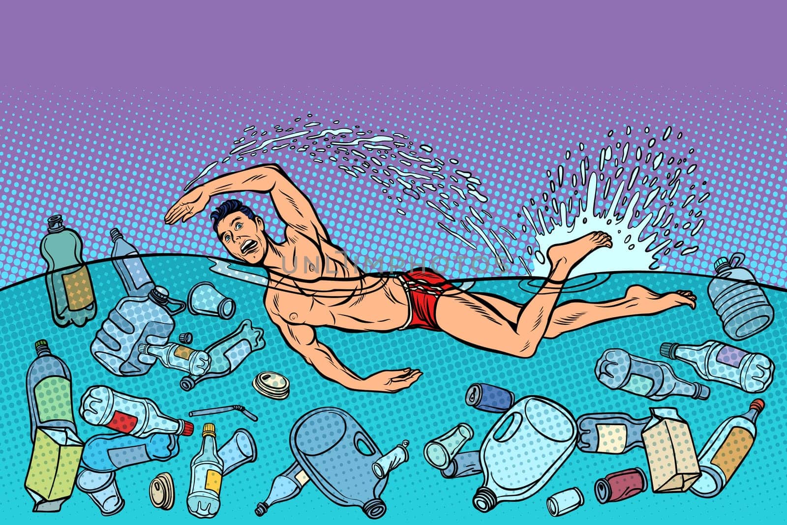 swimmer at sea. ocean pollution. ecology and plastic waste. Pop art retro vector illustration kitsch vintage