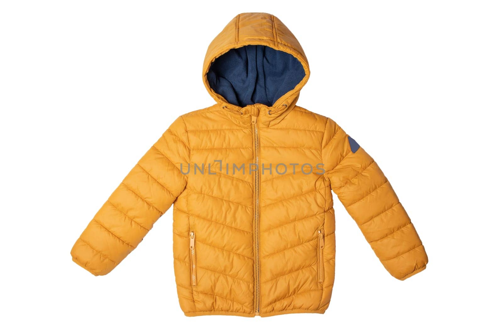 Childrens winter jacket. Stylish childrens yellow warm down jacket isolated on white background. Winter fashion.