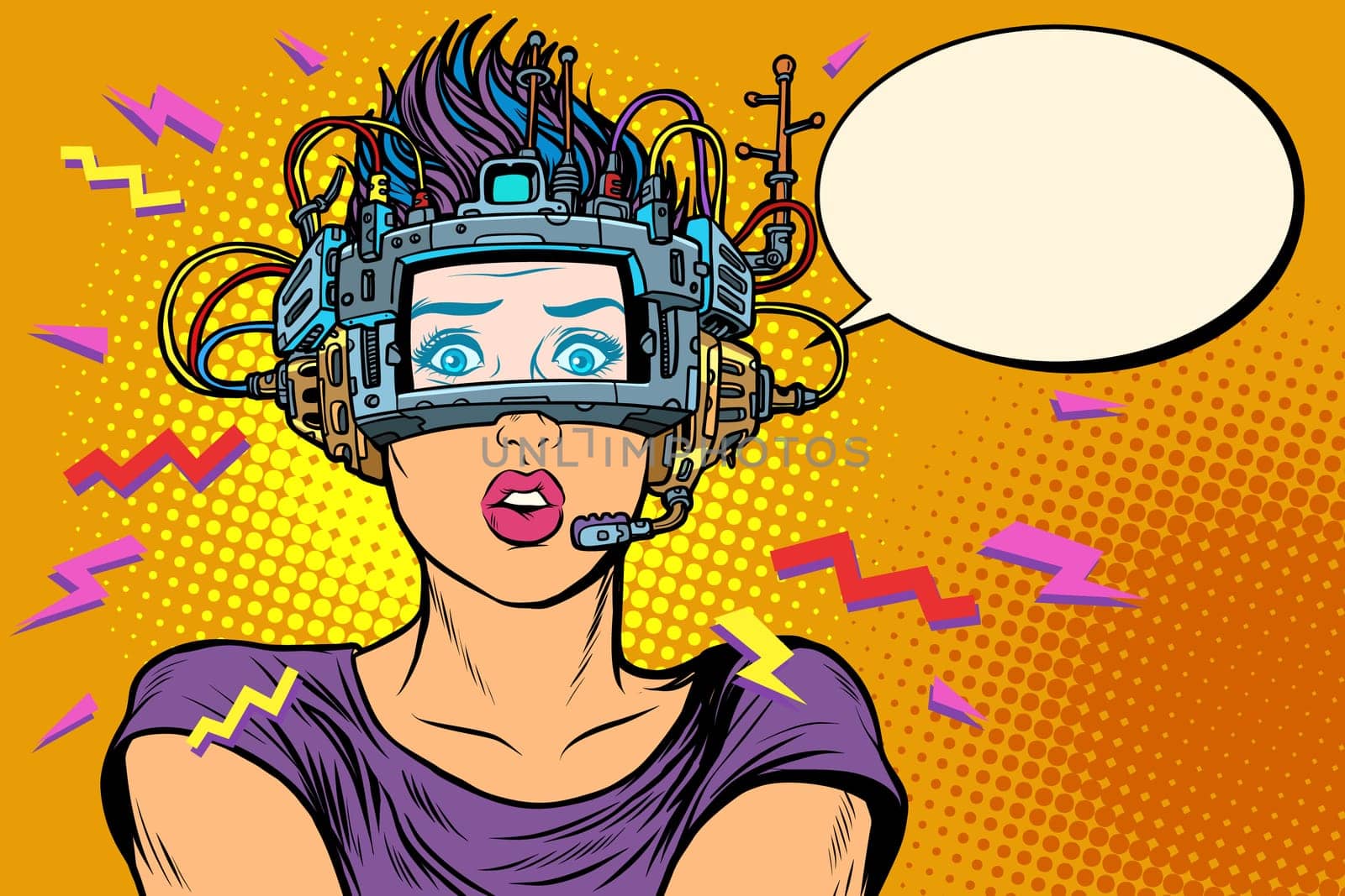 surprised woman in VR glasses. Pop art retro vector illustration vintage kitsch