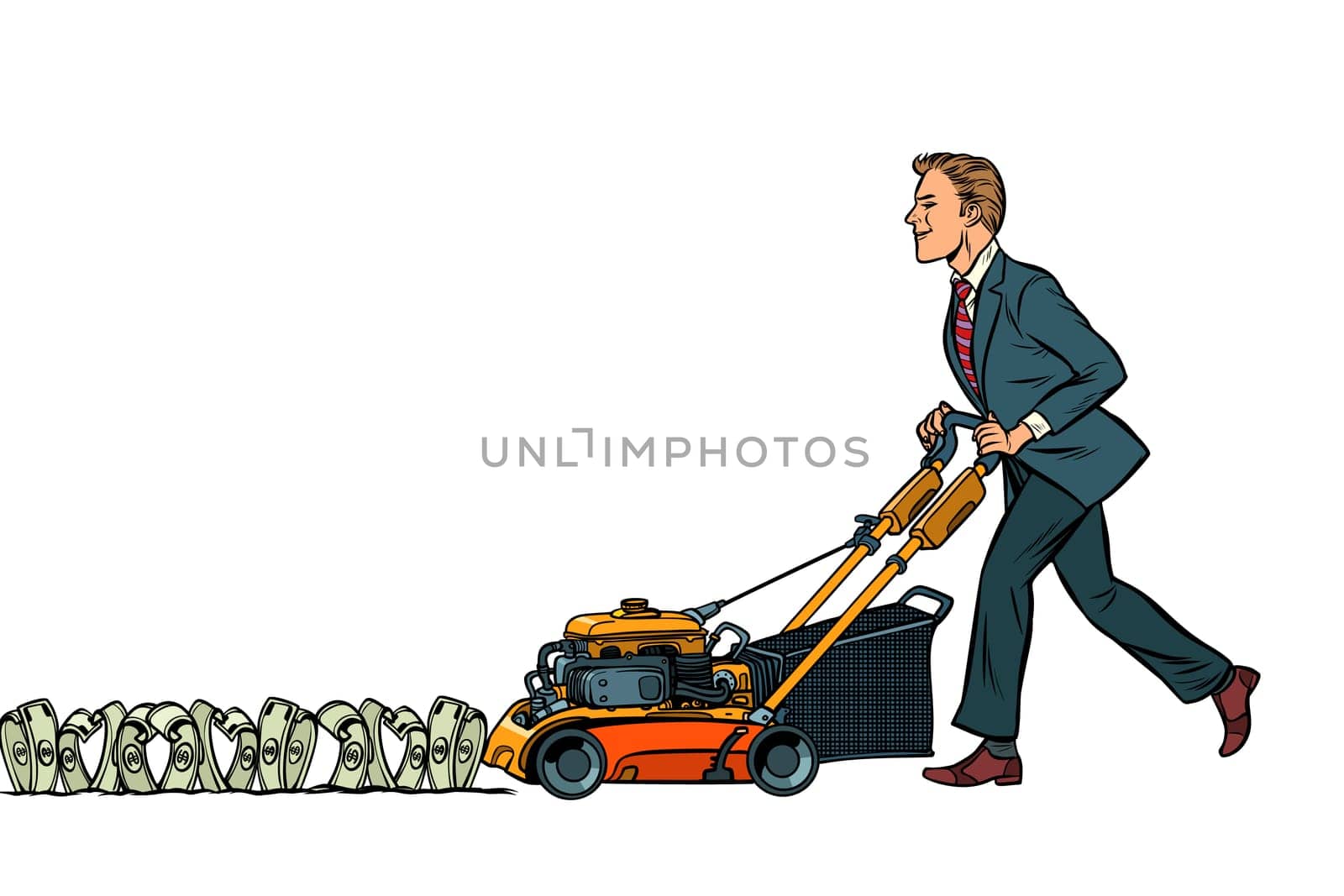 Businessman cuts money like a lawnmower man. Wealth and financial success. Isolate on white background. Pop art retro vector illustration vintage kitsch