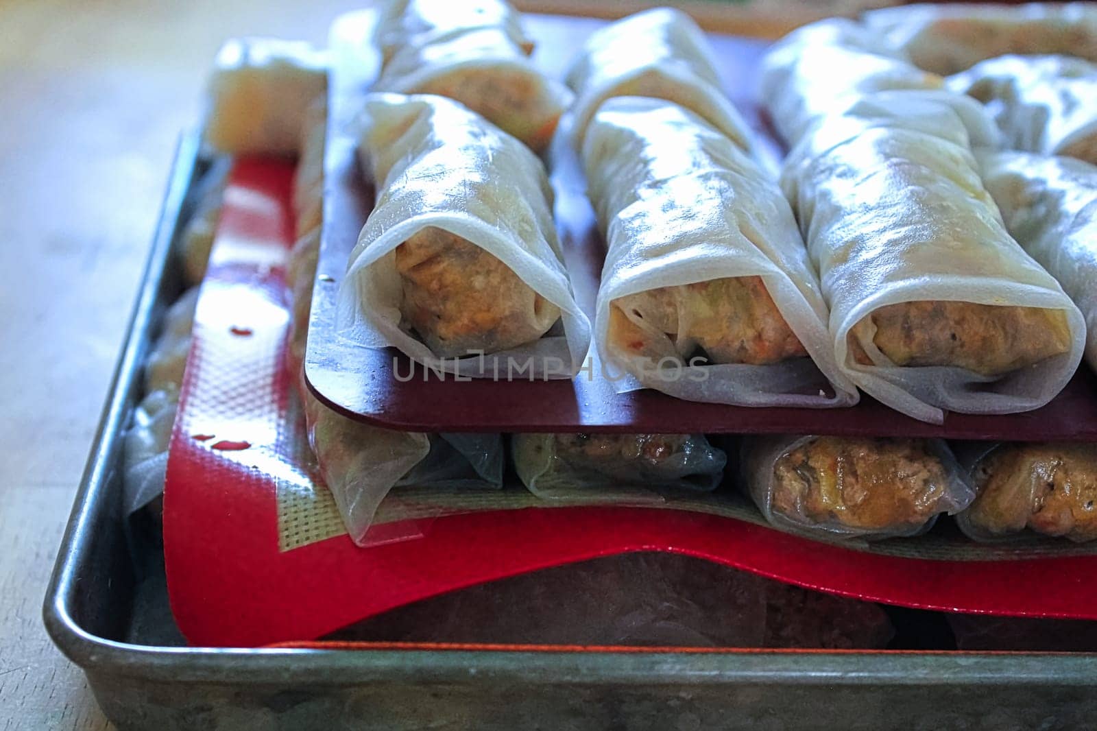 Layers of gluten free spring rolls made at home.