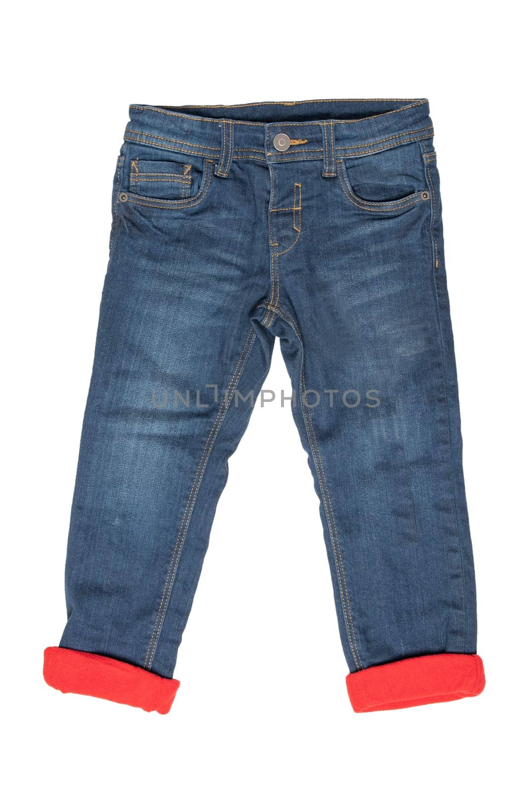 Fashionable lined Thermojeans. Trendy warm stretch blue jeans trousers isolated on white background. Fashionable jeans for child boy. Winter jeans fashion.