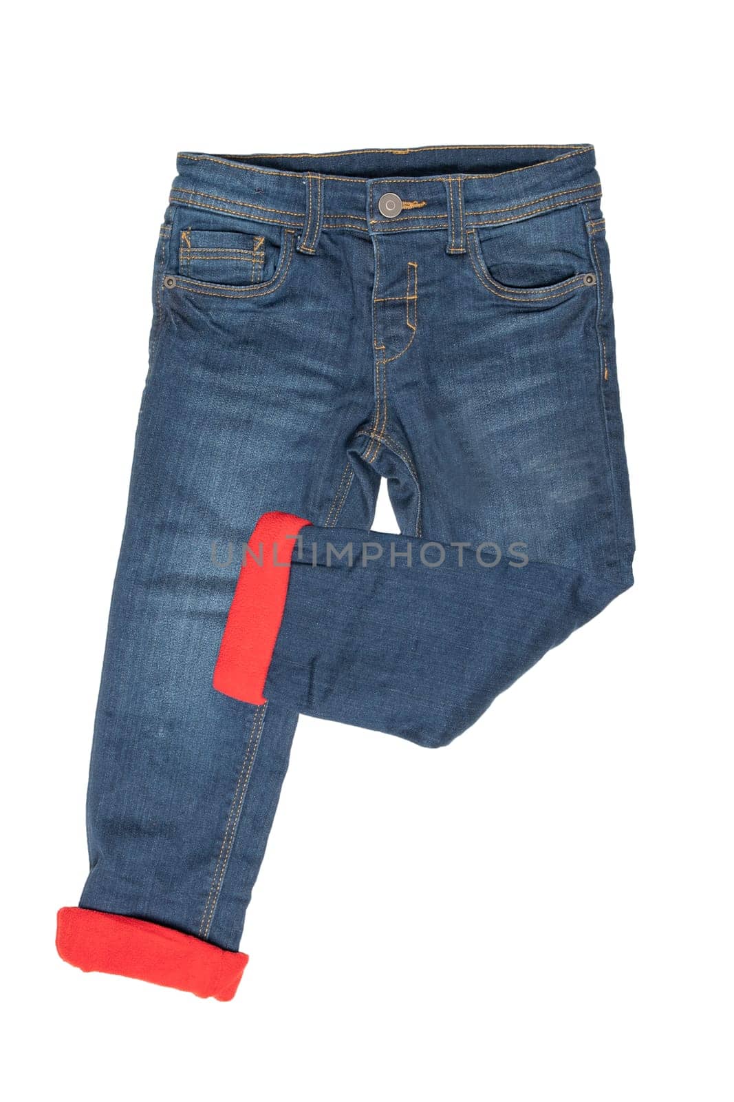 Fashionable lined Thermojeans. Trendy warm stretch blue jeans trousers isolated on white background. Fashionable jeans for child boy. Winter jeans fashion.