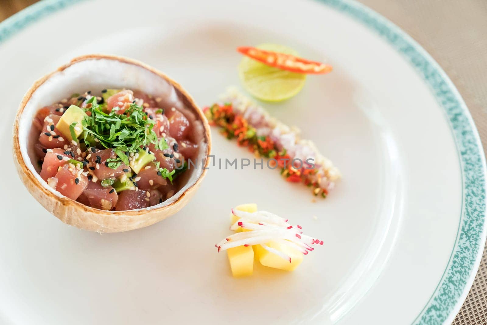 Thai style spicy tuna salad with thai traditional herb.