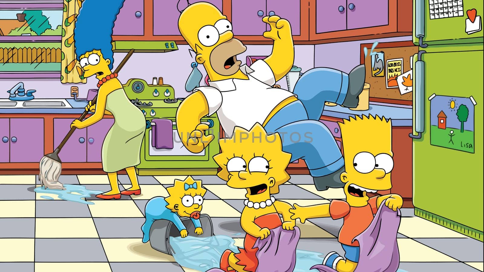 Marge Homer Bart Lisa Maggie kitchen Simpson characters illustration