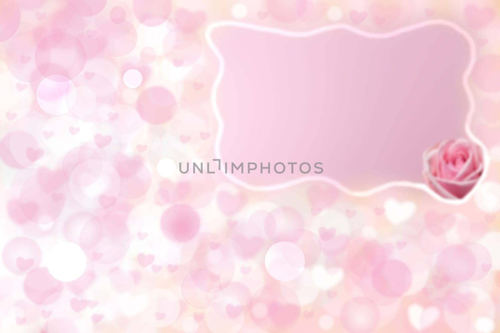 Abstract festive blur bright pink pastel background with a frame and white pink hearts bokeh made for valentine or wedding card. Space for design. Card concept.