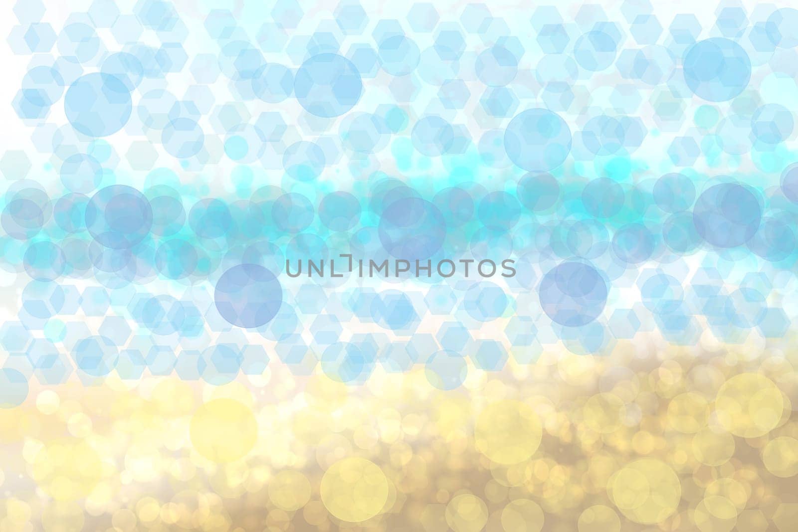 Abstract blurred blue pastel background texture with blue and yellow bokeh circles.