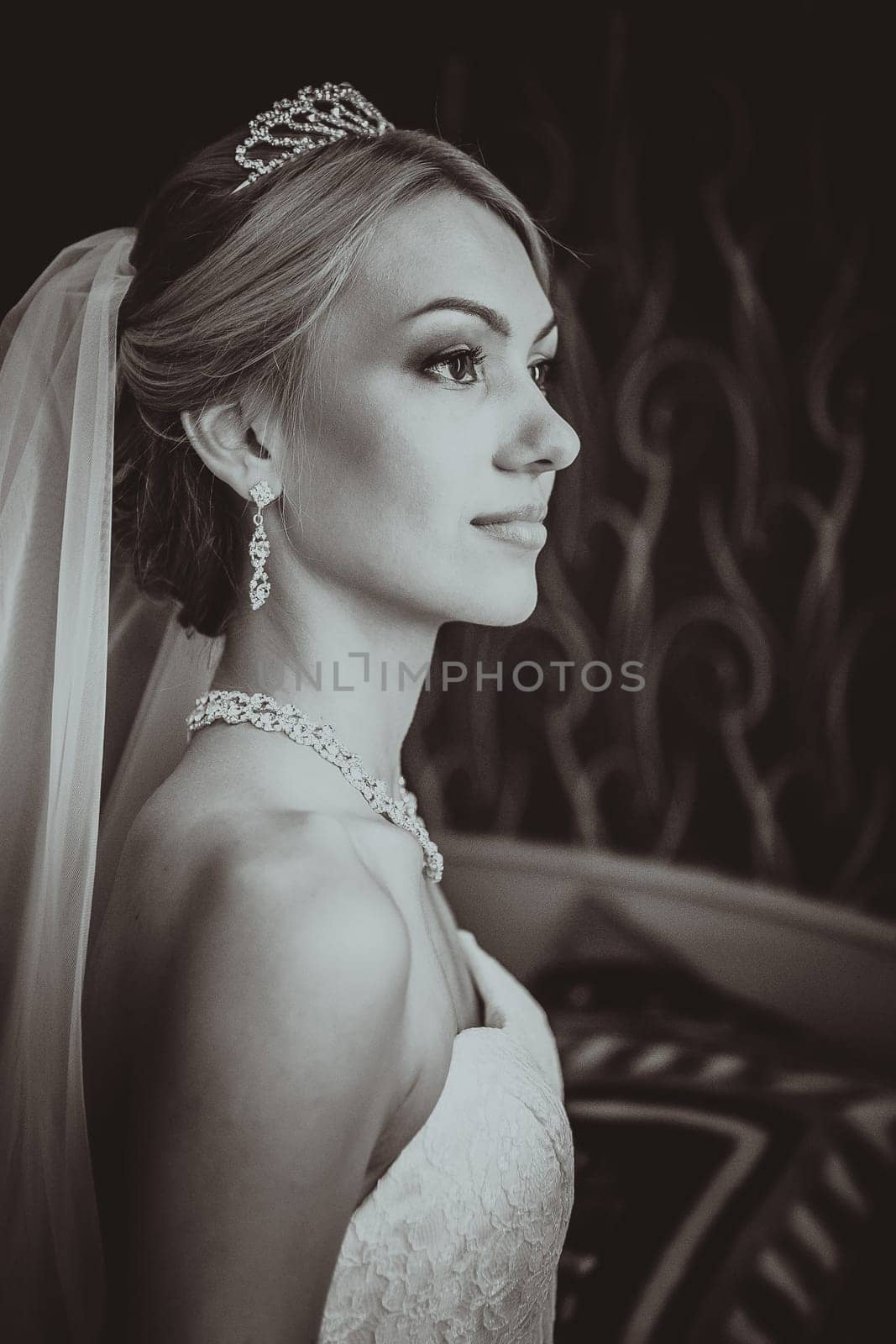 bride in a beautiful dress near the window