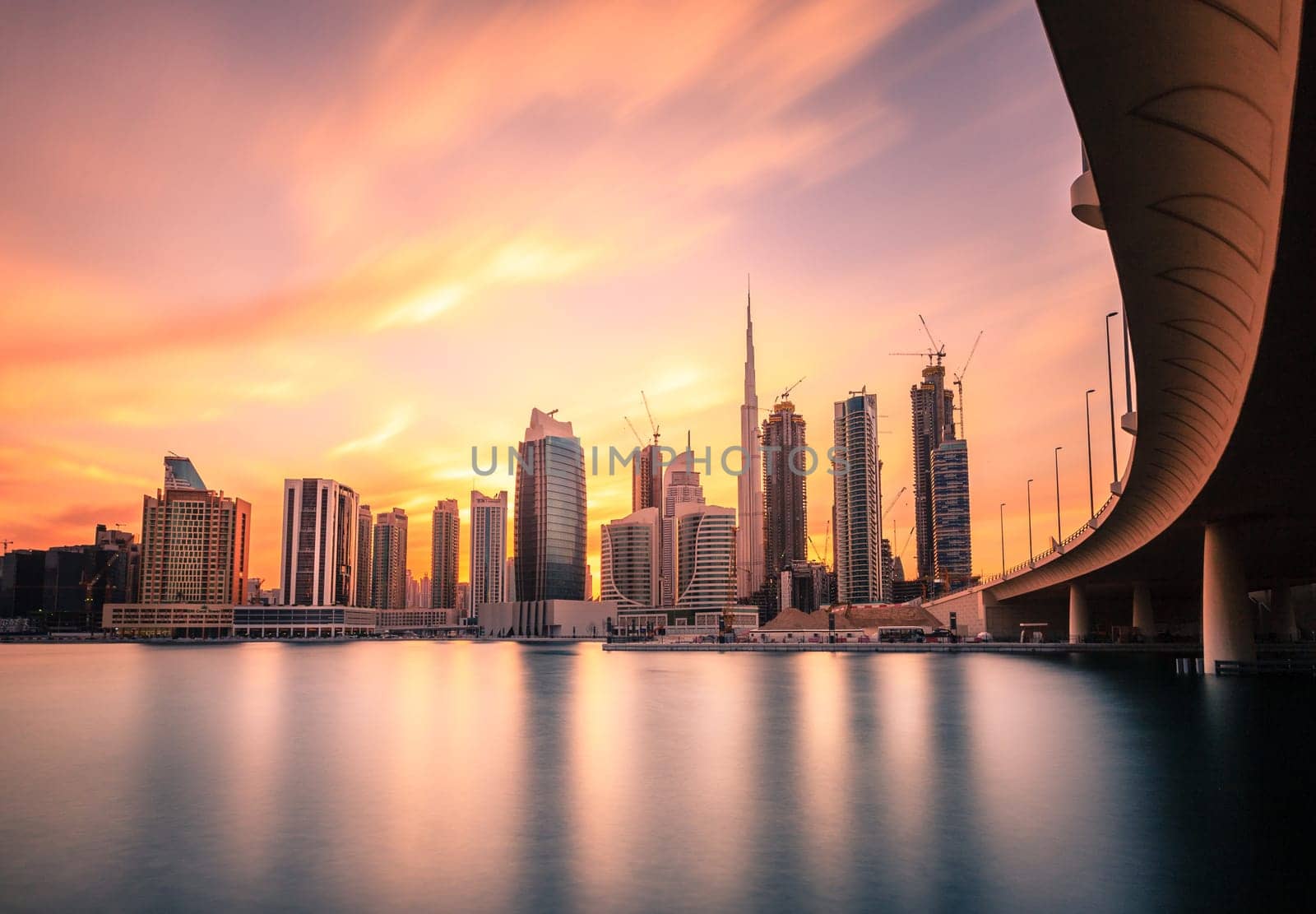 Scenic view of skyline of Dubai's downtown at sunset