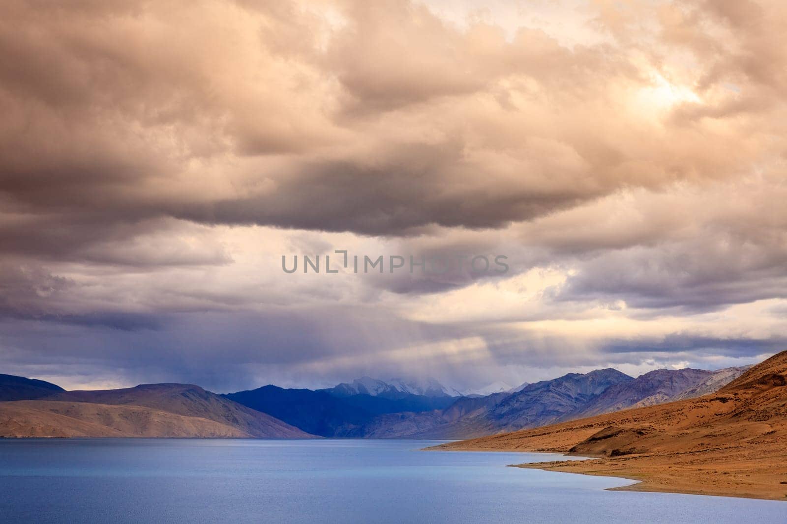 Alpine lake Tso Moriri in the Himalayas, Kashmir, India