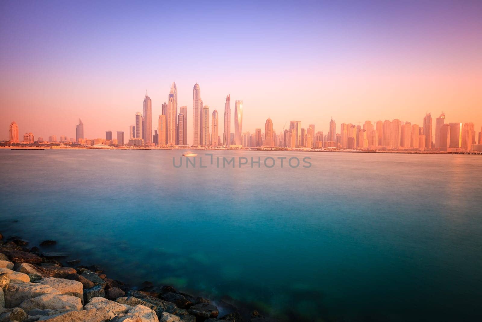 View of Dubai Marina skyline in 2016 at sunset