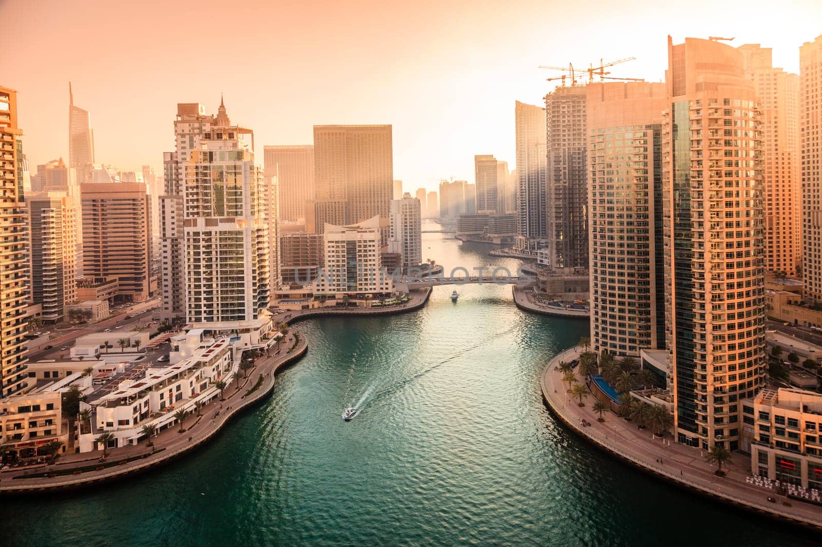 Scenic view of Dubai Marina in UAE in the evening