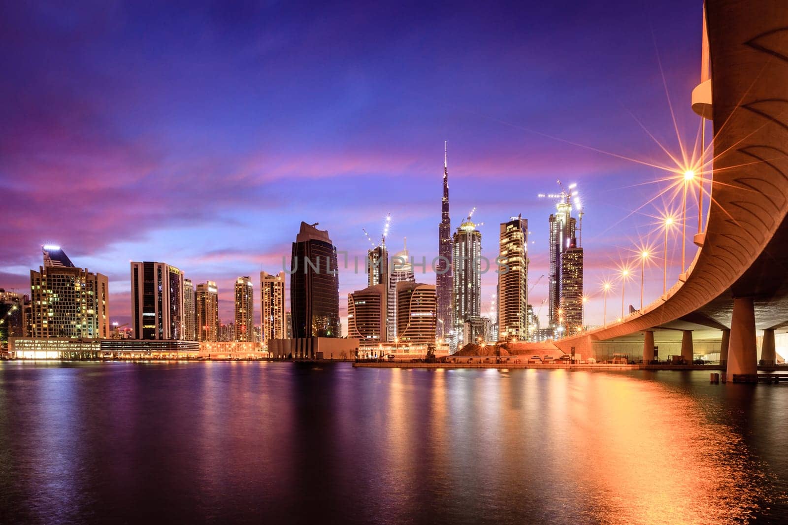 View of Dubai downtown skyline at night