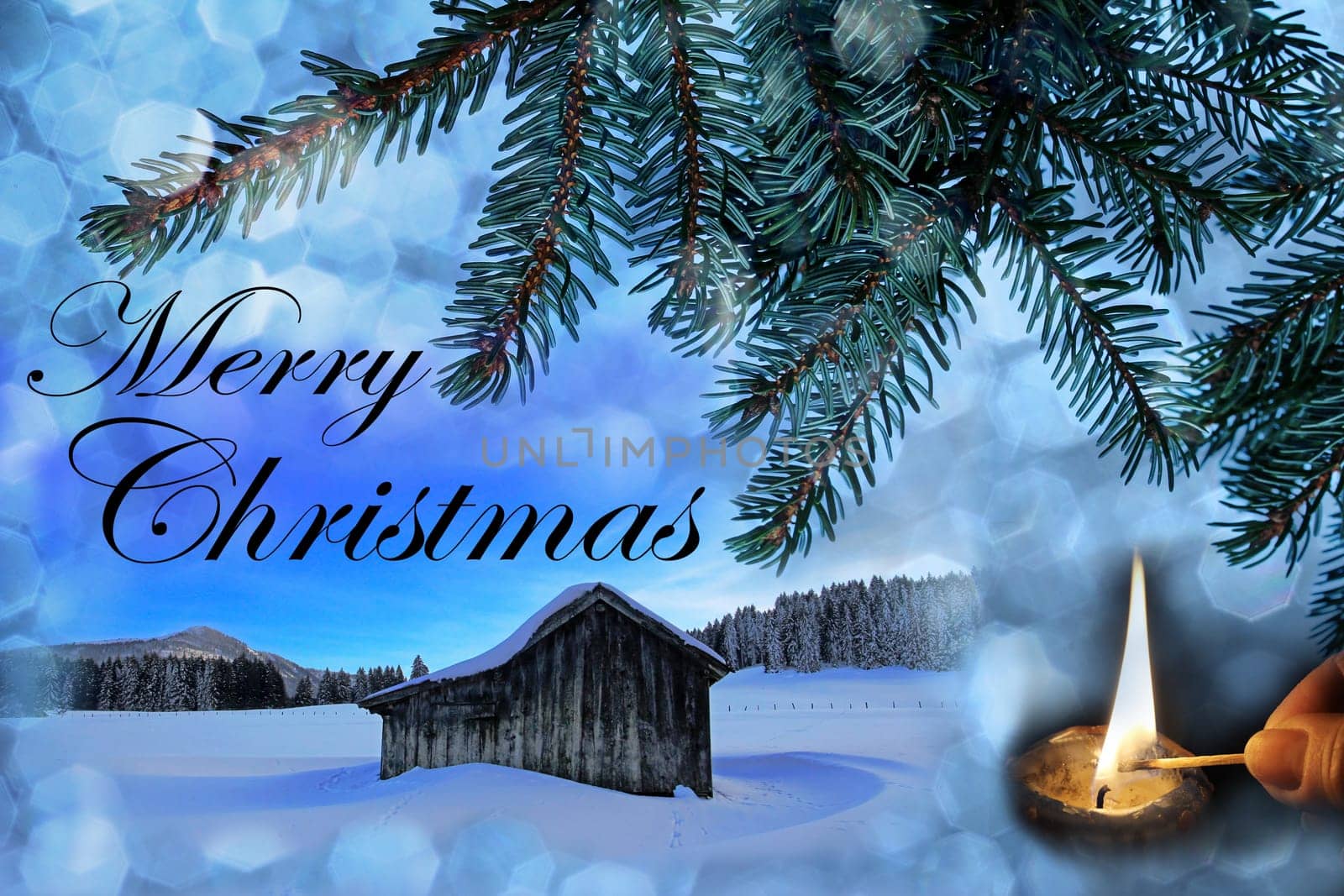 An old wooden hut in the snow with Christmas snowflakes, fir branches and a burning candle. Christmas background