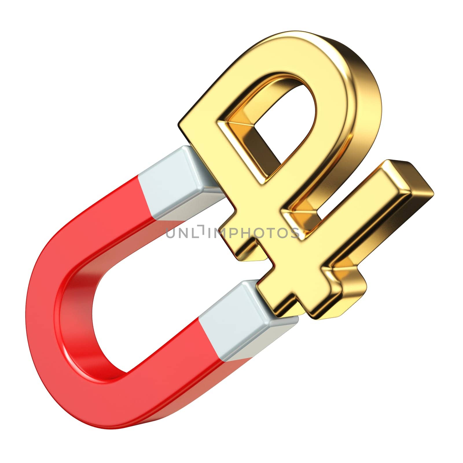 Gold RUBLE currency sign on red magnet 3D rendering illustration isolated on white background