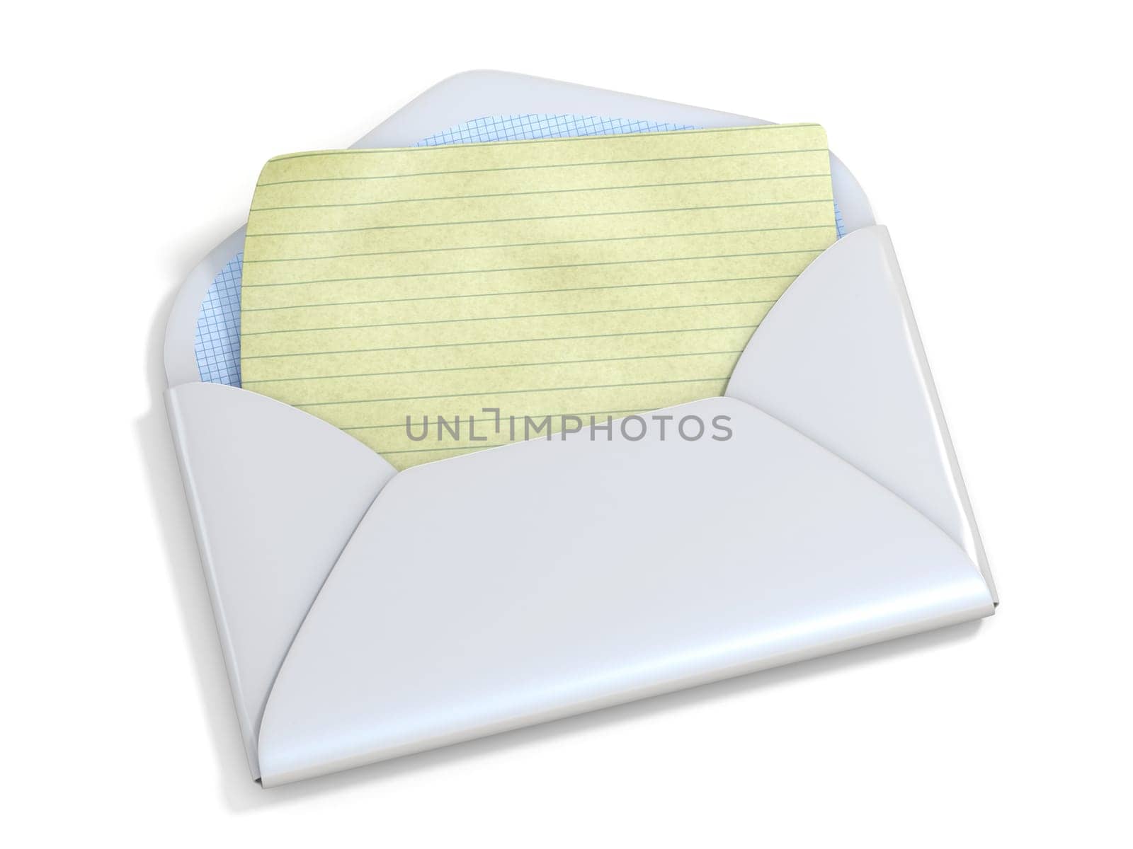 Blank paper in opened envelope 3D rendering illustration isolated on white background
