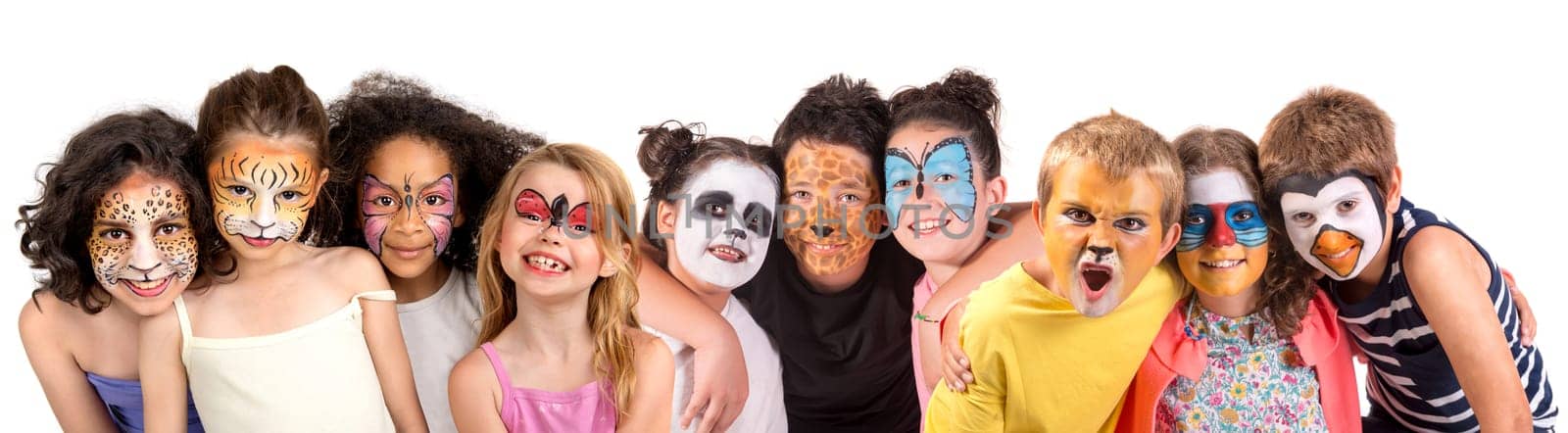 Children's group with animal face-paint isolated in white