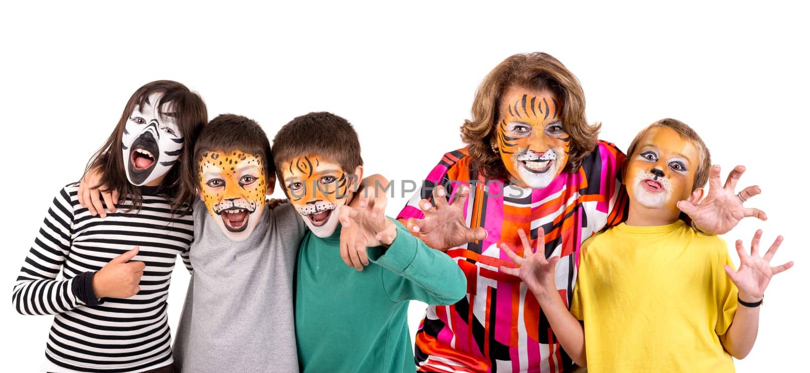 Children's group and grandmother all with animal face-paint isolated in white
